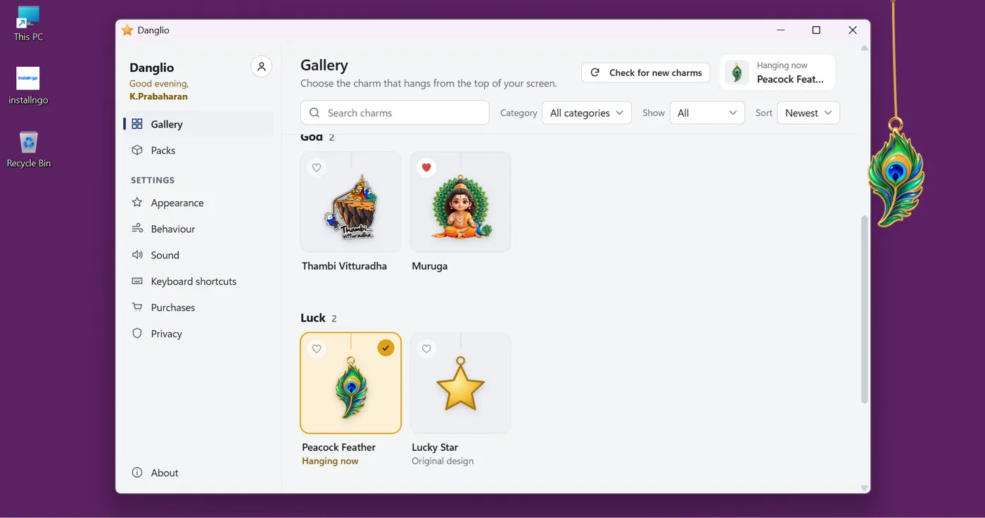 Danglio on a Windows desktop: the gallery window, with a Peacock Feather charm hanging from the top of the screen