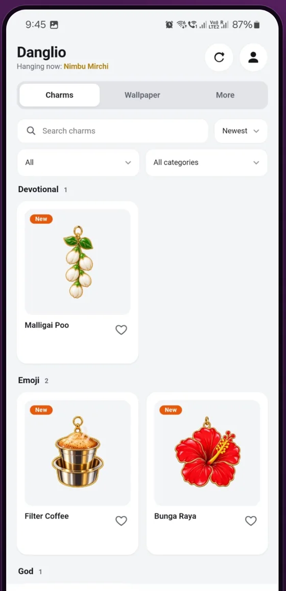 Choosing a charm in Danglio on Android